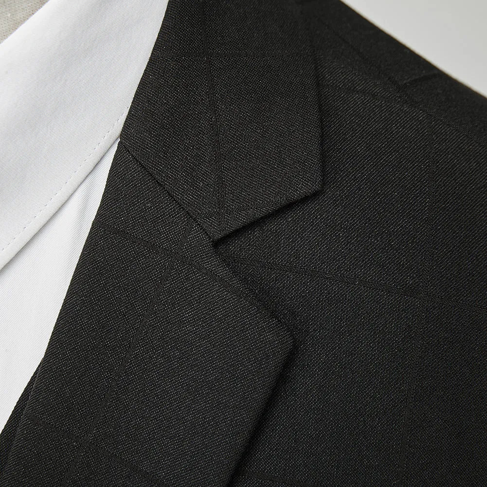 Men's navy blue slim fit three-piece suit with vest on hanger