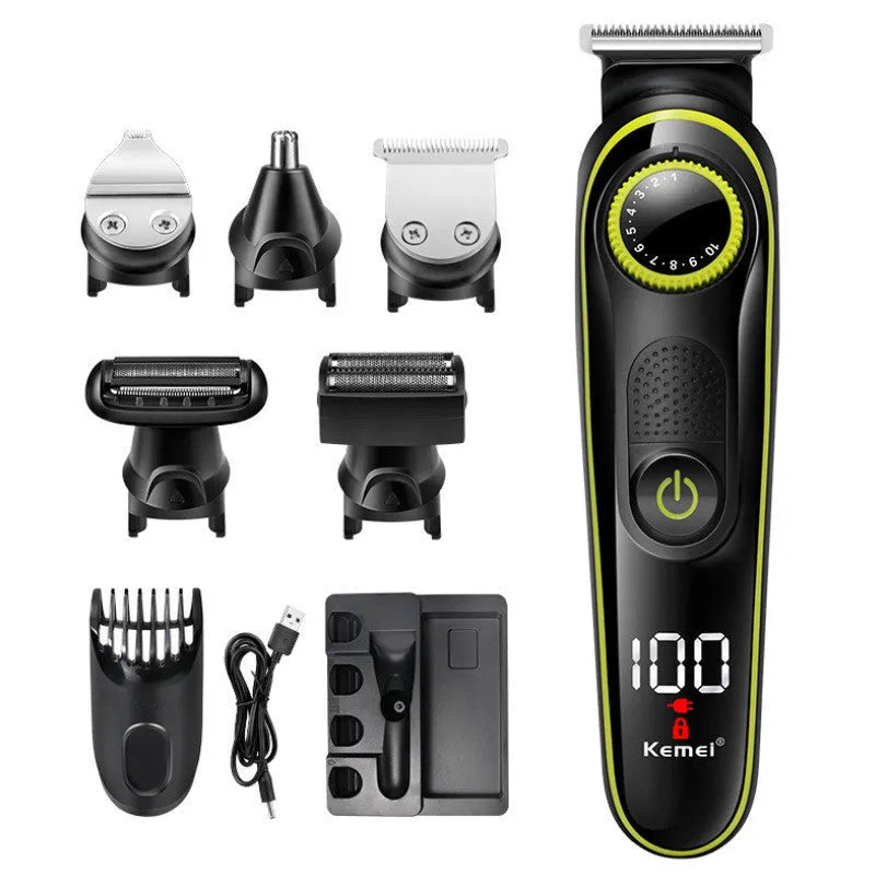 Black KM-696 rechargeable electric hair clipper with USB charging cable and cleaning brush