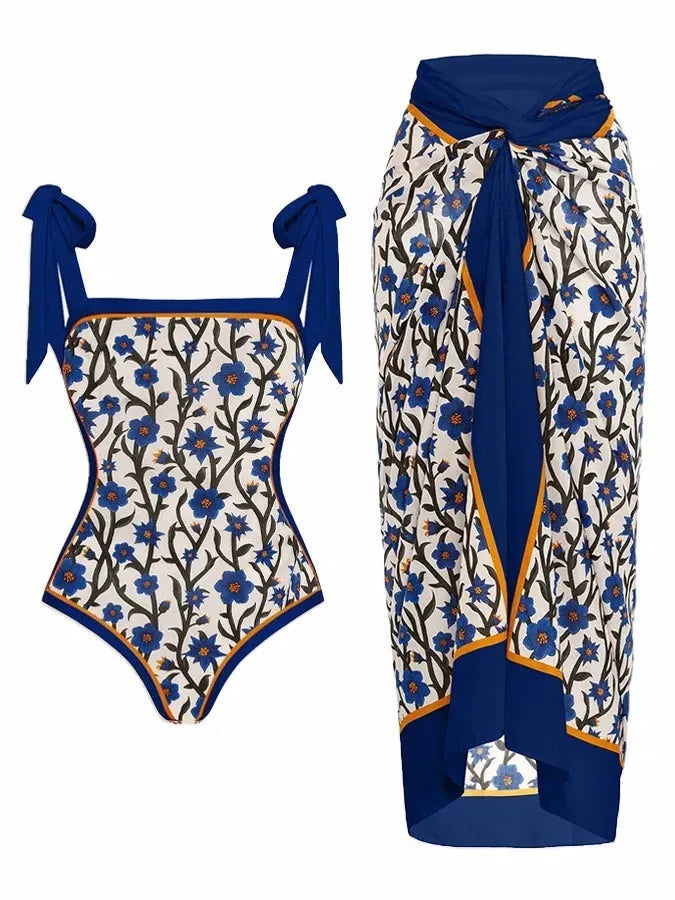 Women's printed chiffon swimsuit two-piece with matching skirt in floral pattern
