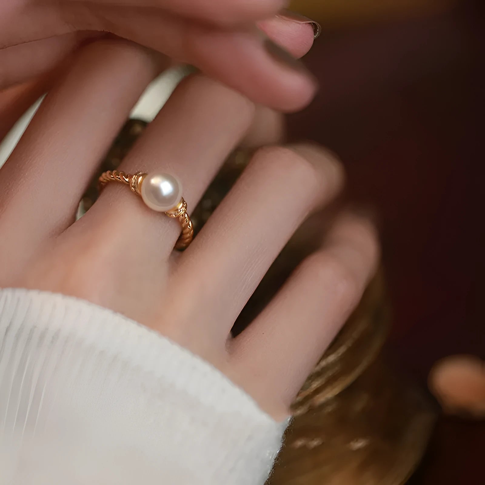 Copper geometric ring with antique twist design and pearl inlay in gold silver colour options