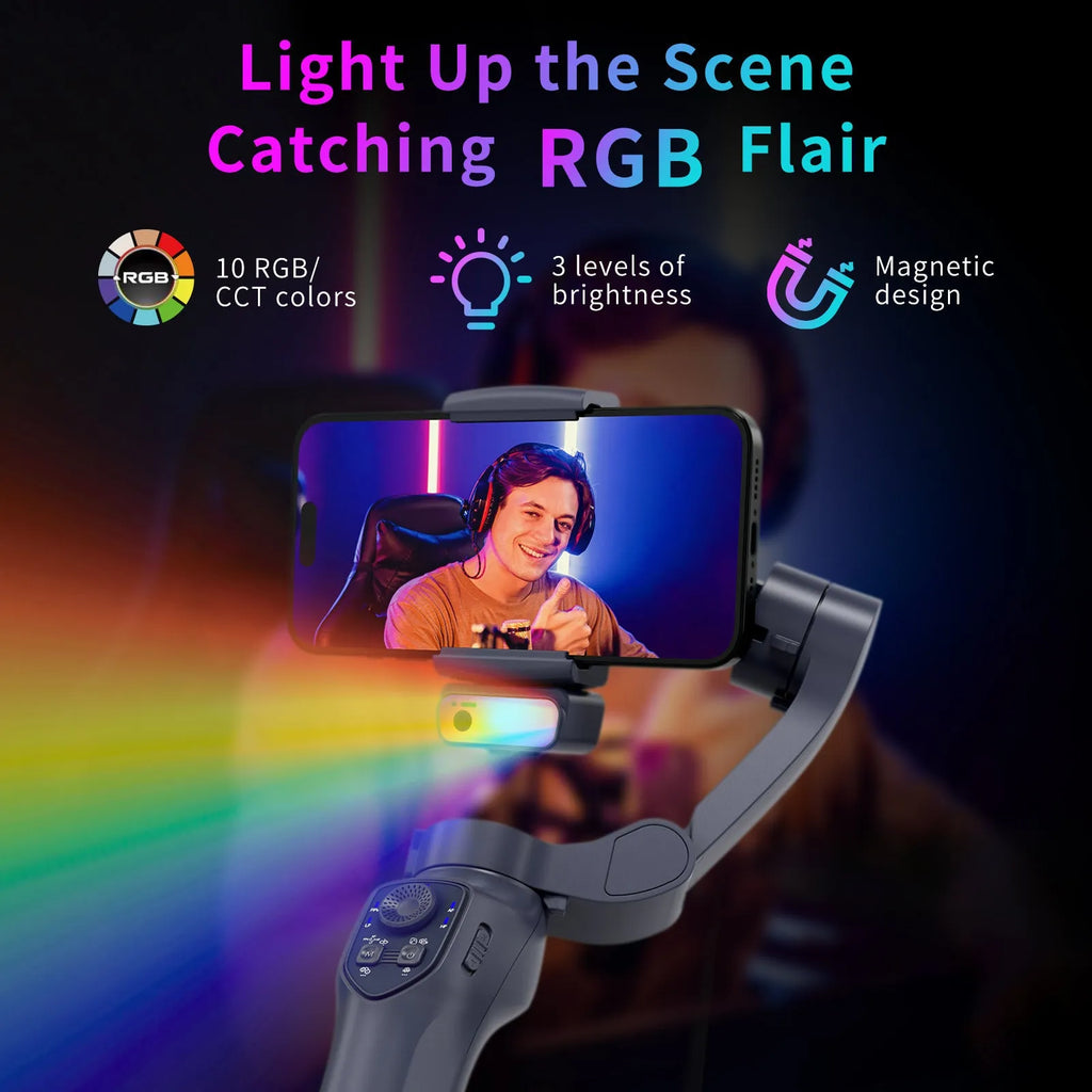 L7Cpro gun colour foldable handheld smartphone gimbal stabiliser with RGB lights.