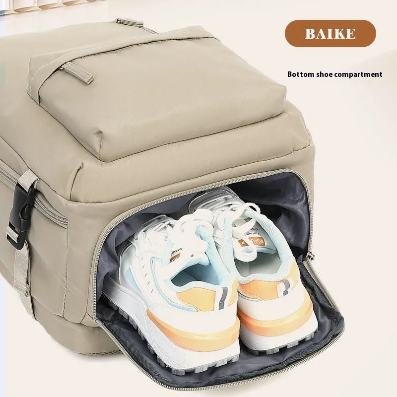 Women's large capacity oxford cloth luggage backpack with curved shoulder straps in light gray colour