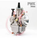 Seven PWK sandblasted motorcycle carburetors ranging from 21mm to 34mm sizes in colour box packaging