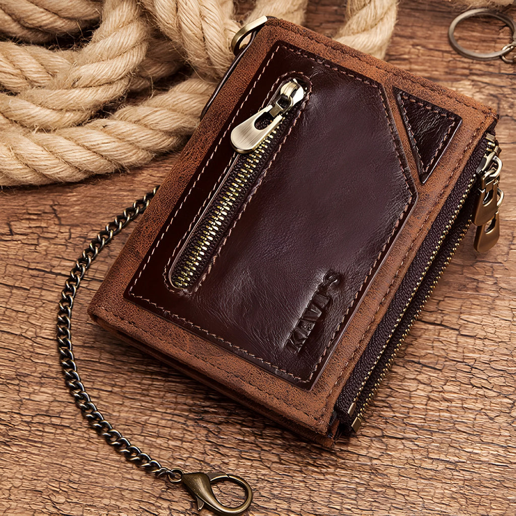 Men's brown RFID anti-theft leather wallet with chain detail and genuine cowhide construction