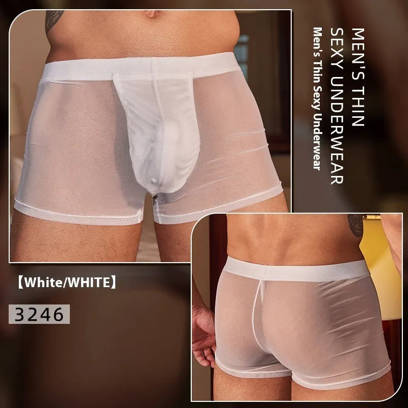 Men's black nylon boxer briefs showing ultra-thin breathable construction and free size elastic waistband
