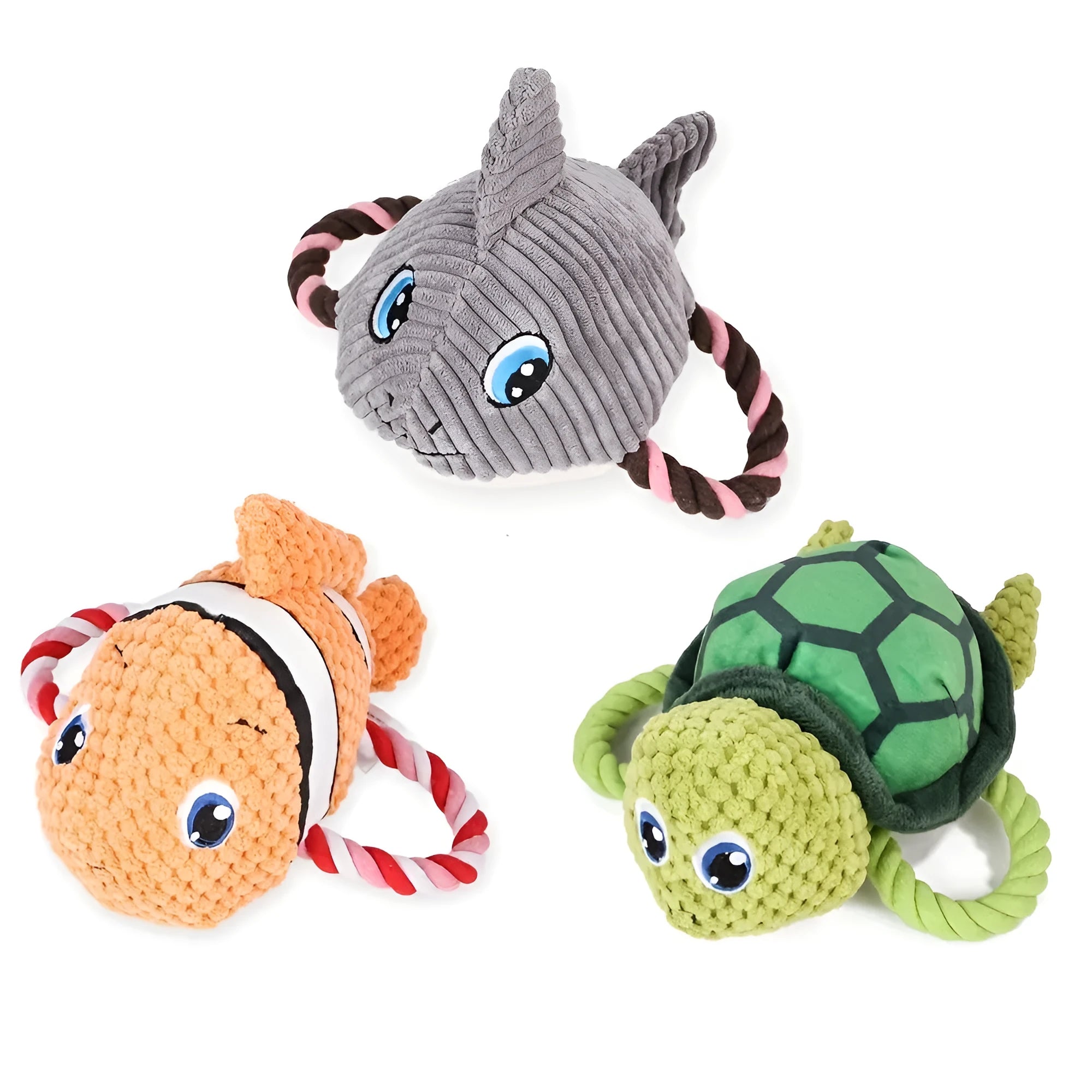 Turtle shaped dog chewing toy with internal knot in grey, green, and orange colours