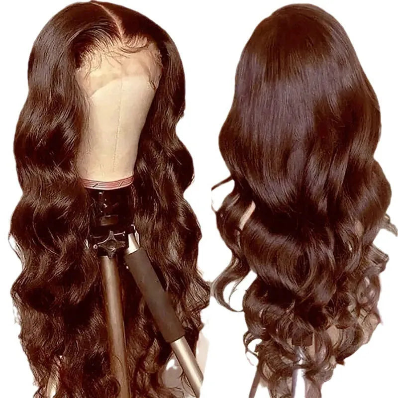 Women's front lace wig with long curly hair and side bangs in LY082 dark brown colour on display