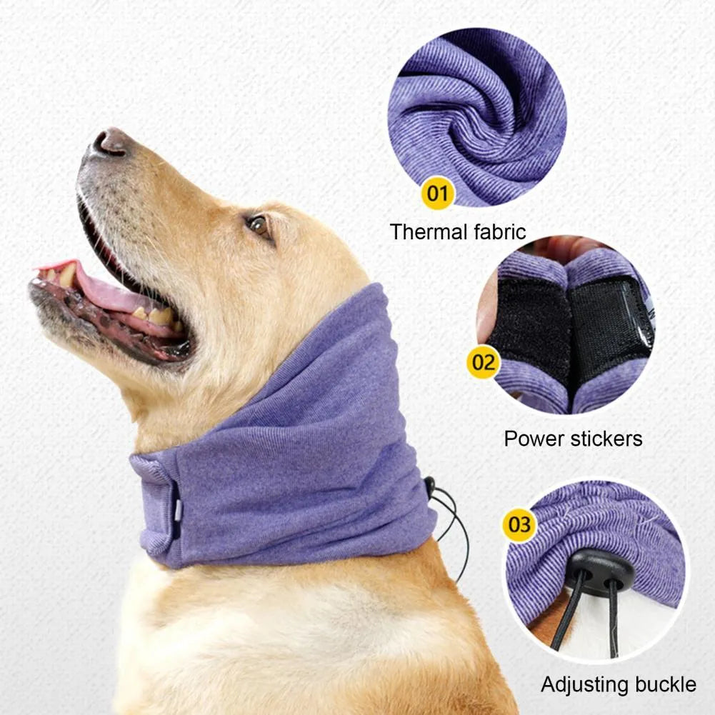 Black dog calming hoodie with ear covers on a pet, showing its multi-purpose use as a head warp and scarf.