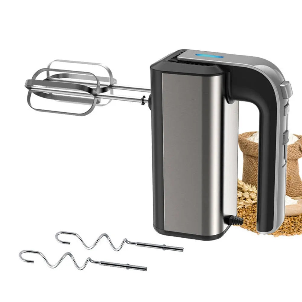 Silver handheld electric whisk with five-speed control dial and mixing attachments