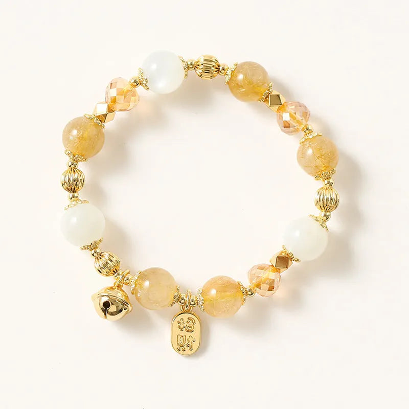 Gold electroplated rutilated quartz crystal bracelet in Korean style with lucky fortune gold colour quartz beads