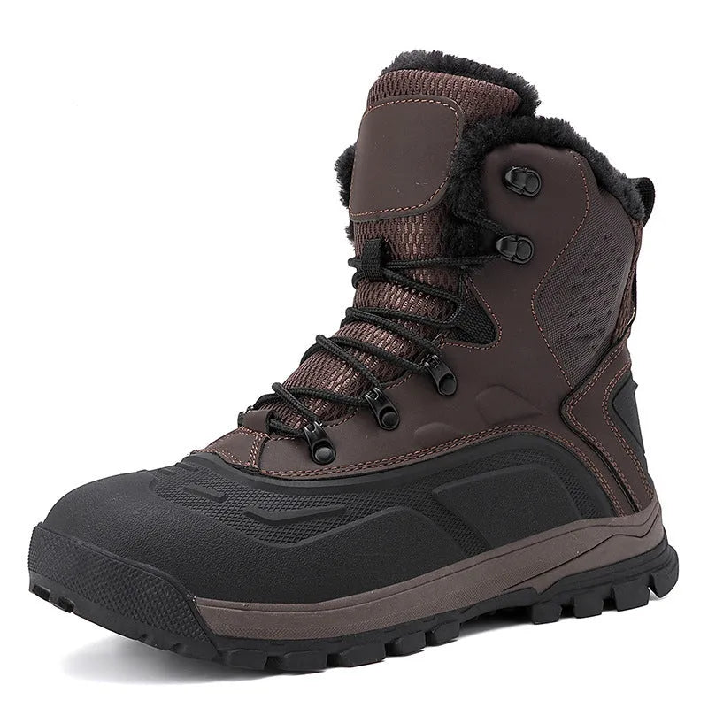 Black fleece-lined men's high-top boots with tall crown and lace-up front