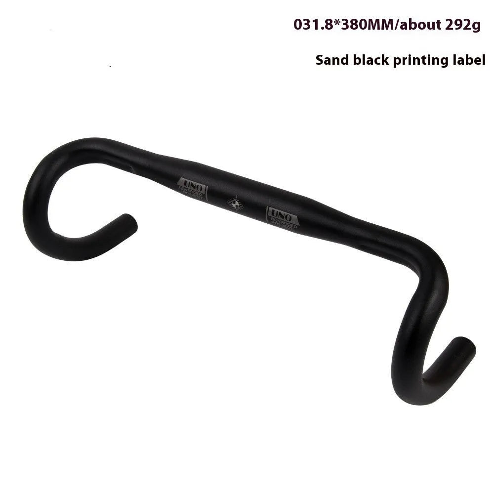 Black UNO road bike drop handlebar with 31.8mm clamp diameter shown alongside width measurement indicators