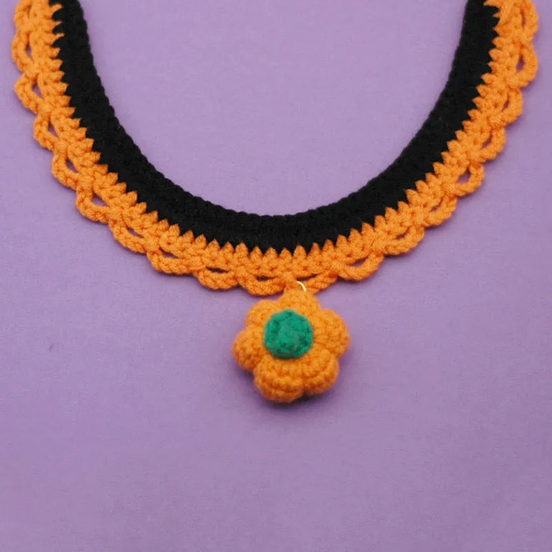Handmade wool crocheted Halloween pet collar for cats and dogs with adjustable sizing