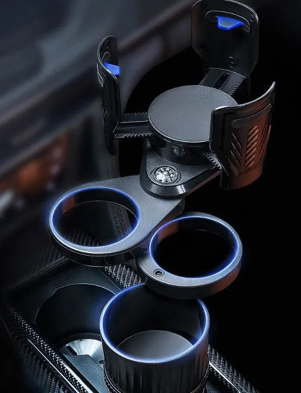 Carbon fibre black adjustable car cup holder with retractable base expanded to show size adjustment