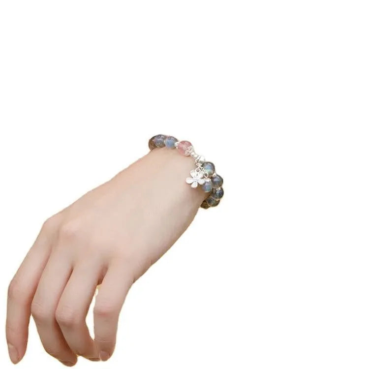 Women's 925 sterling silver zodiac bracelet with grey moonstone beads and honeysuckle charm