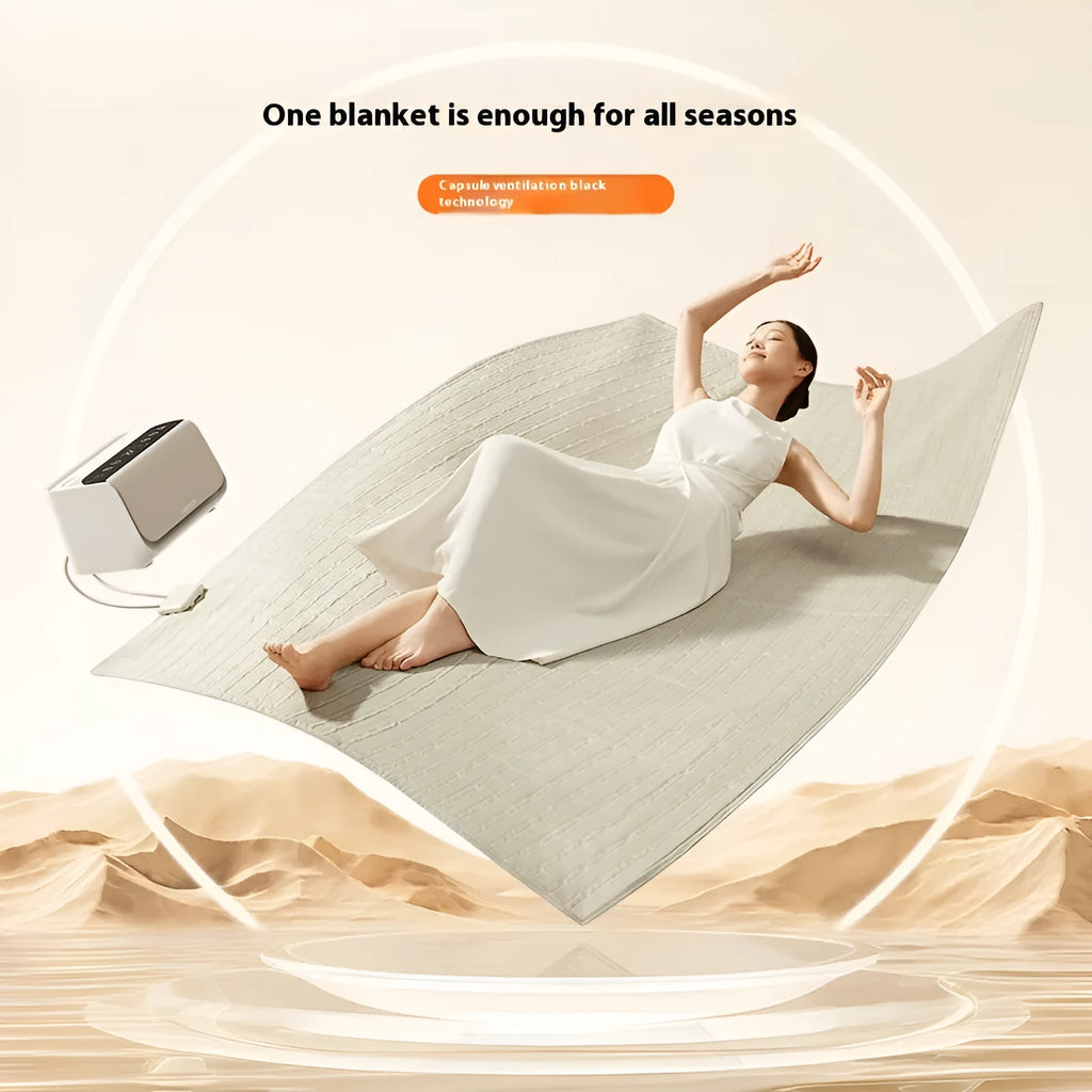 White electric underblanket with smart controller on a bed, showing 1.4x2m and 1.8x2m size options.