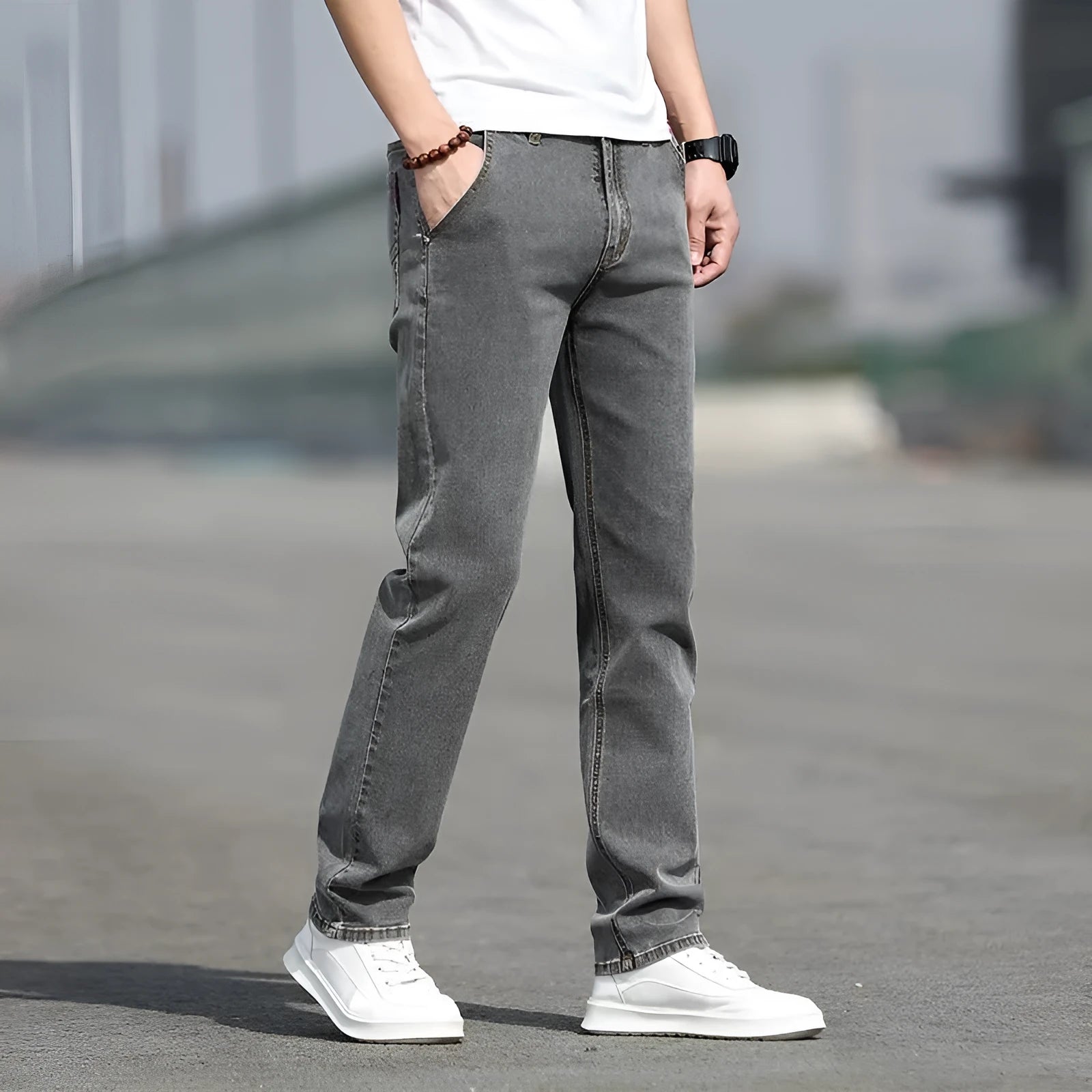 Men's straight leg jeans in smoky gray colour with low waist and zipper fly closure