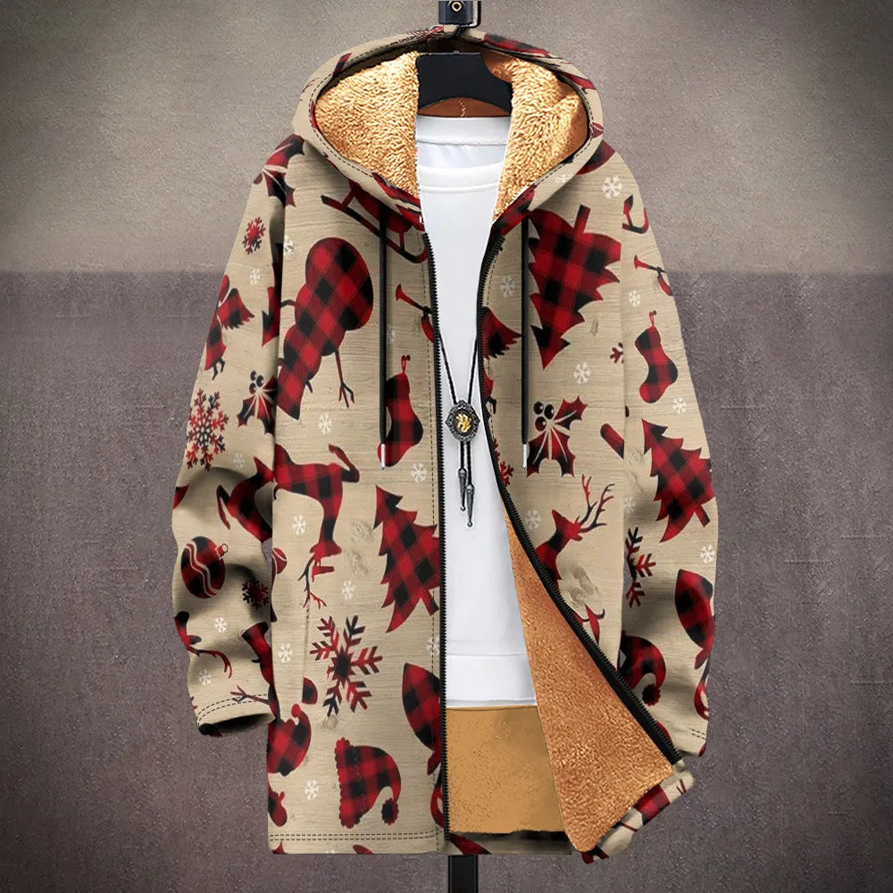 Men's loose fit hooded cardigan with zip front in multicolour printed pattern