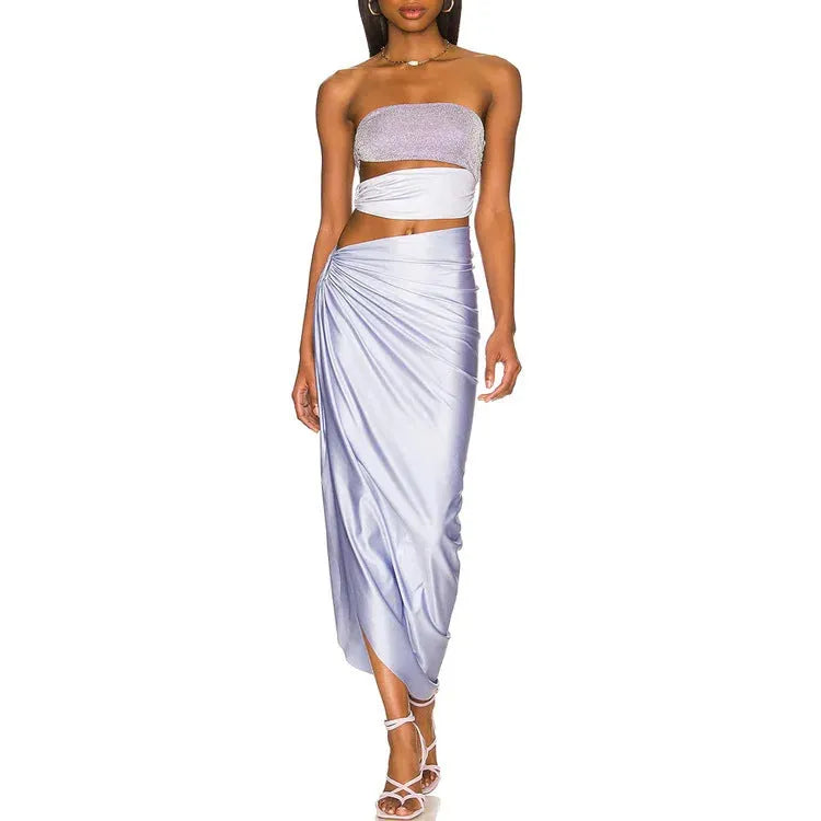 Purple one-piece swimsuit with hollow design and matching wrap skirt set for women seaside vacation wear