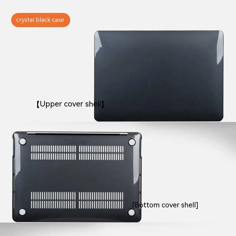 Hard plastic protective case on a MacBook laptop showing crystal transparent and matte black colour options
