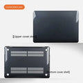 Hard plastic protective case on a MacBook laptop showing crystal transparent and matte black colour options