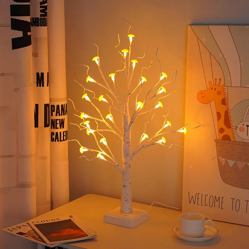 60cm tall white plastic birch tree LED lamp with 24 small mushroom-shaped lights