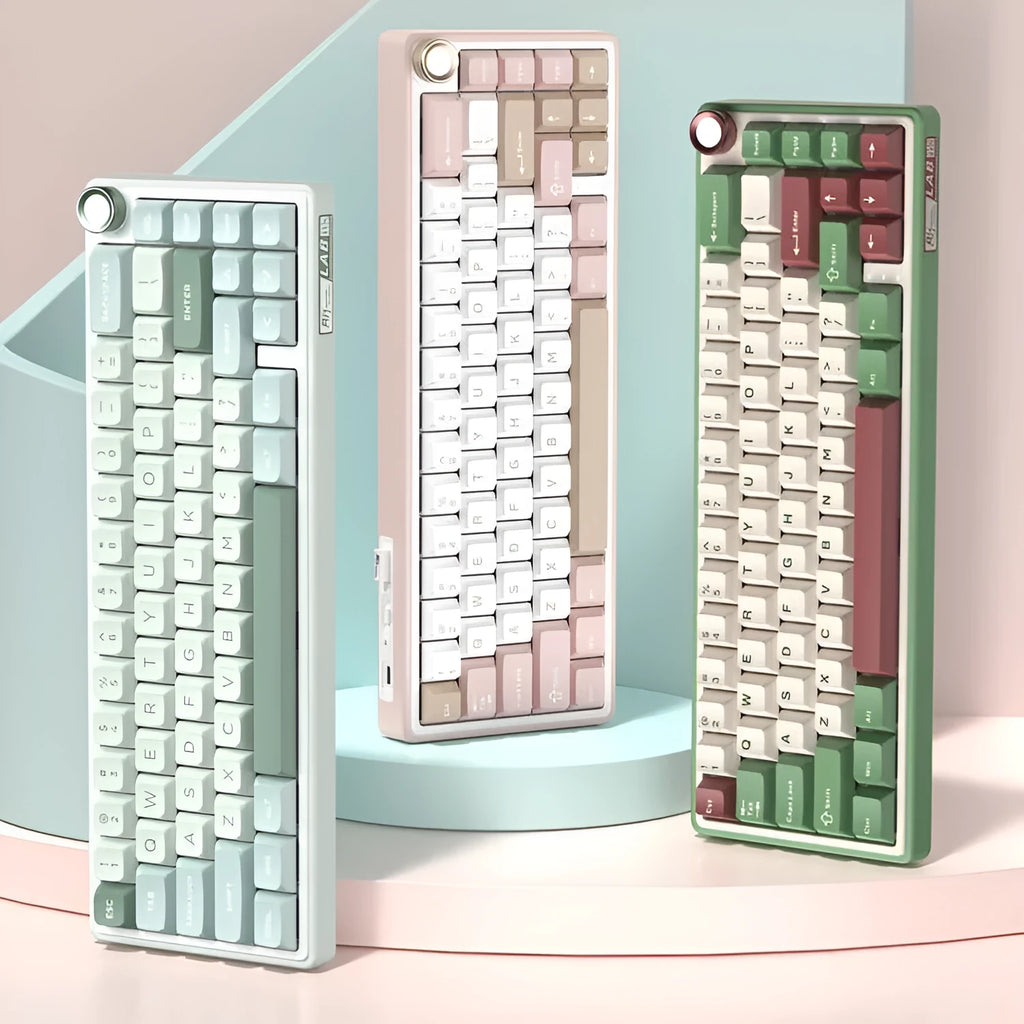 White wireless mechanical keyboard with RGB lighting and selectable mechanical axis options for gaming and office