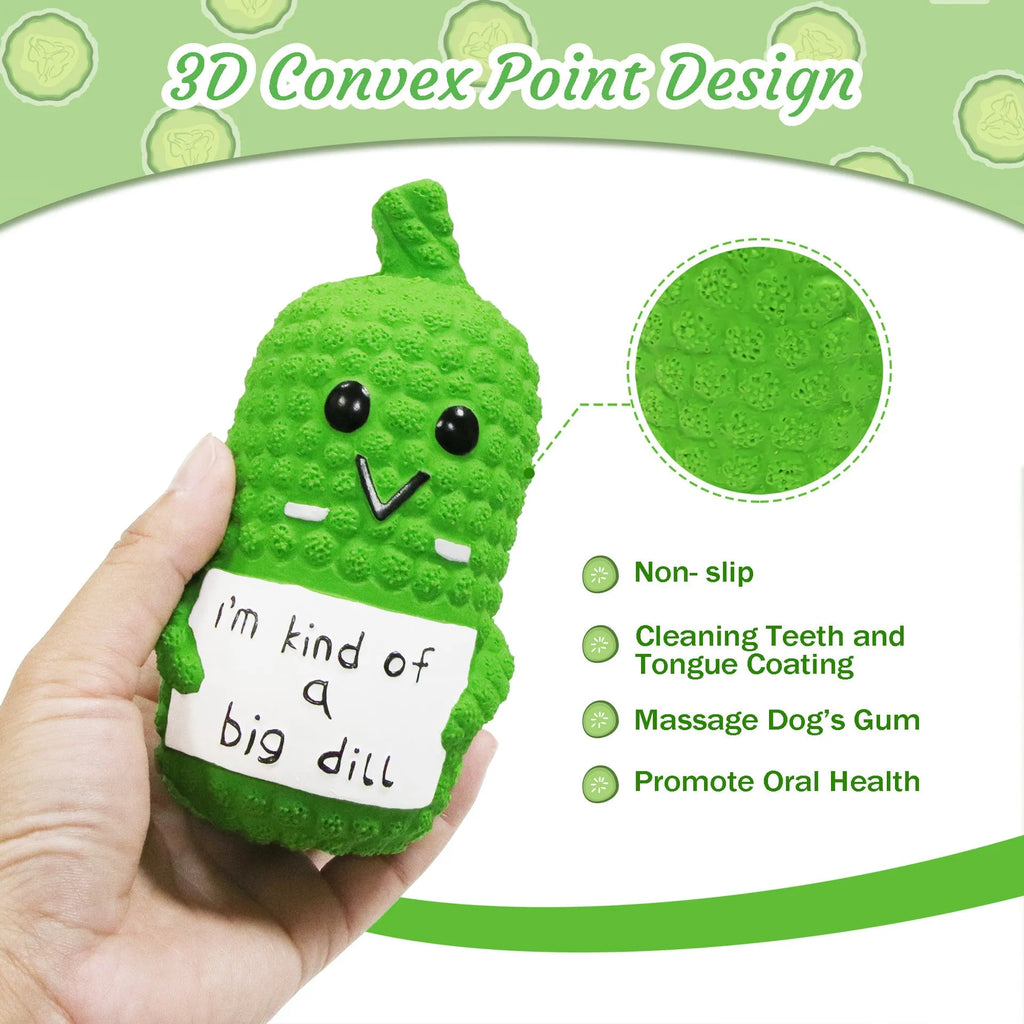 Green latex pickle-shaped dog chew toy with surface nubs and a squeaker inside.