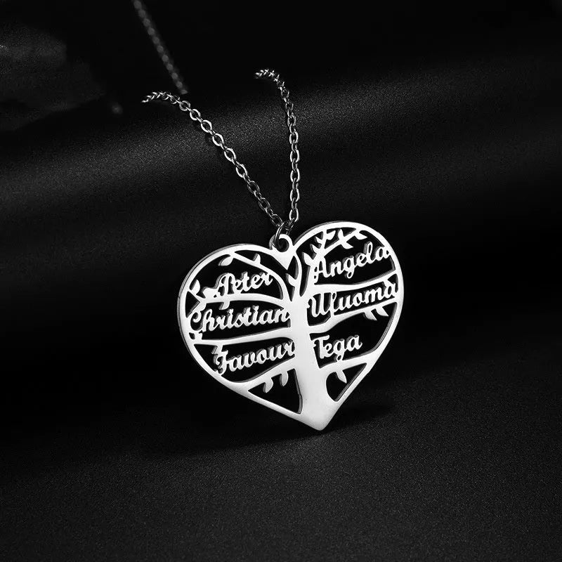 Custom stainless steel name necklace with hollow heart and tree pendant on an adjustable chain in silver tone