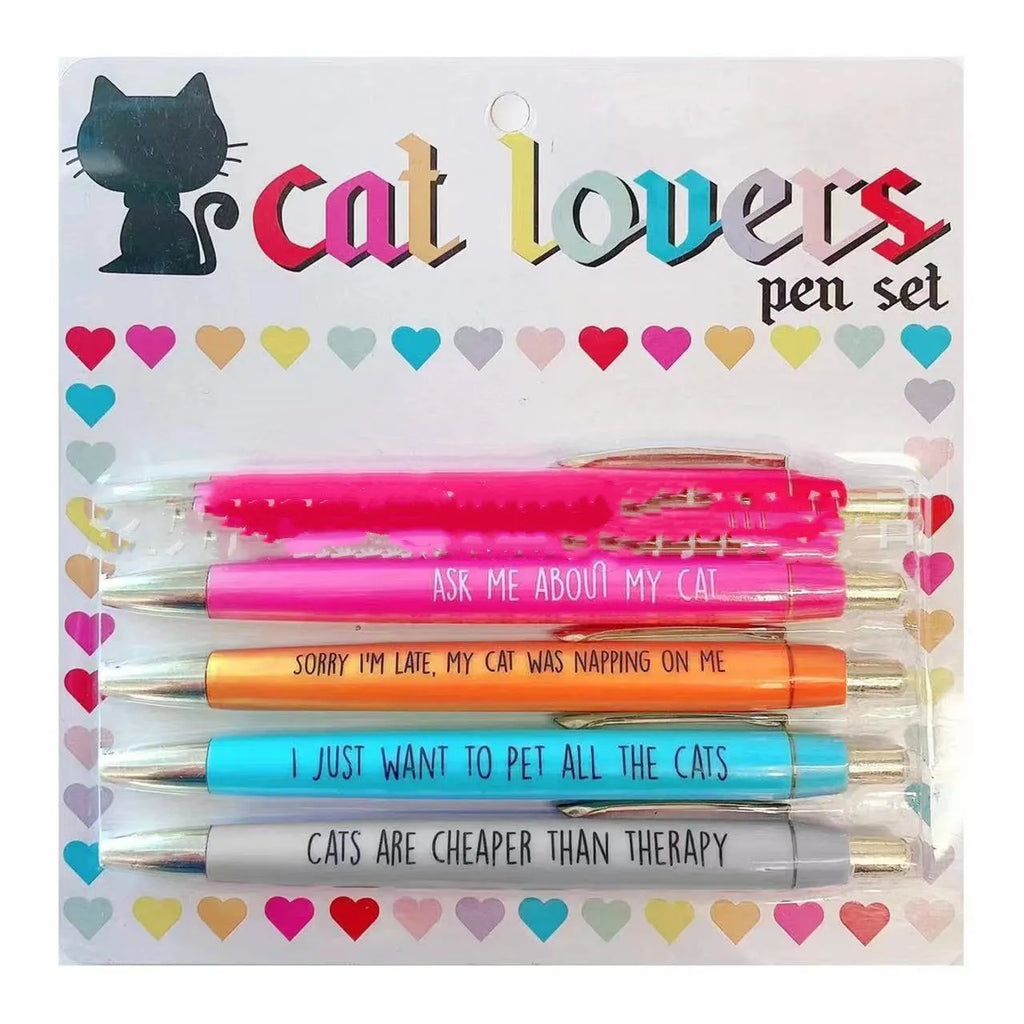 Set of five automatic pens with cat and dog designs and a beaded storage bag.