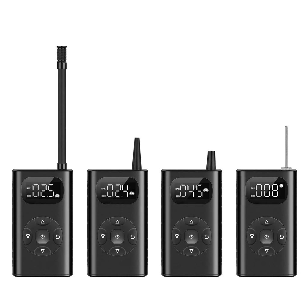 Black cuboid USB power bank tyre inflator with attached air tube for cars and motorcycles.