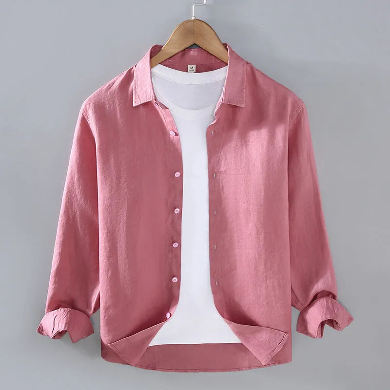 Men's pure linen cardigan-style shirt in solid colours showing long sleeves and simple design