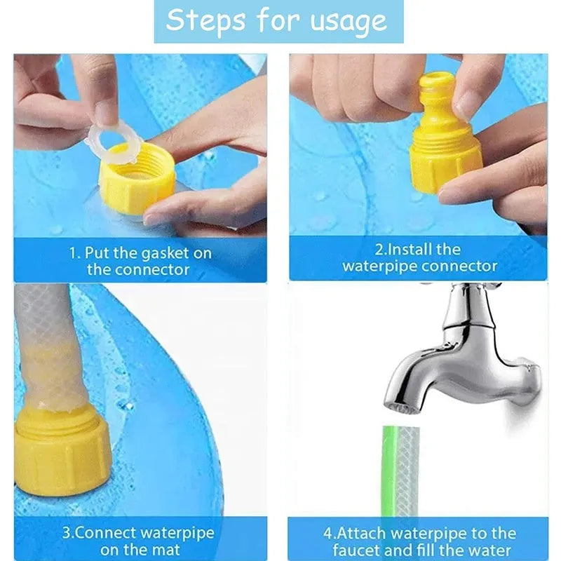 Anti-slip dog splash pad sprinkler toy on grass, showing textured PVC surface and hose connection.