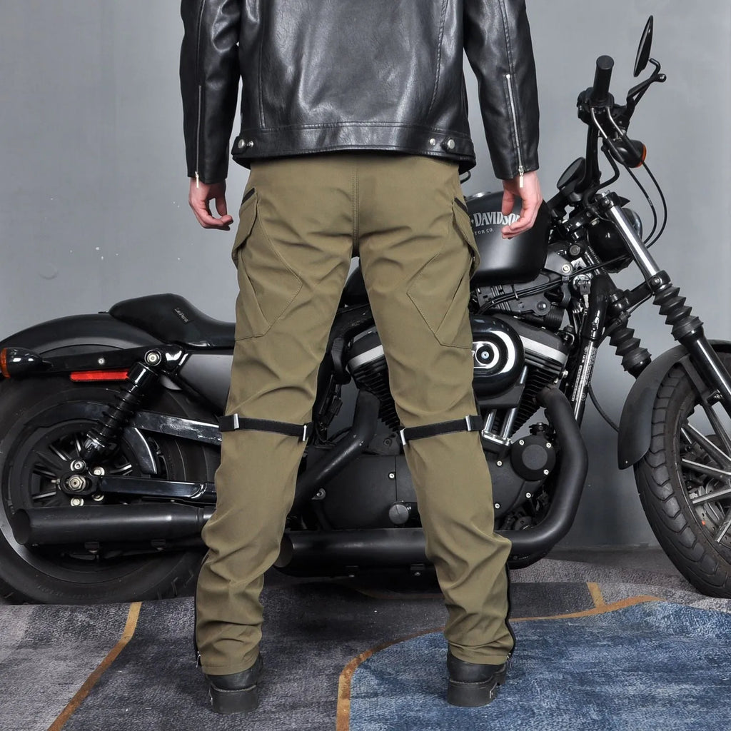 Men's waterproof motorcycle cycling trousers in black or green with belt and protective gear set