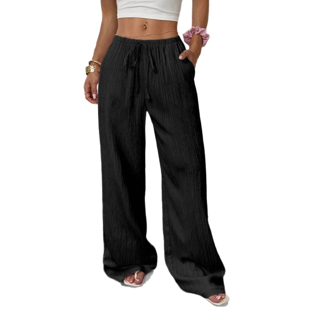Women's black wide-leg trousers with lace-up waist trimming detail