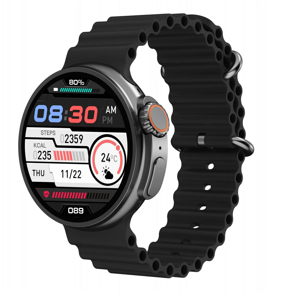 K9 smart watch with 1.39 inch round screen and silicone strap showing interface with health metrics