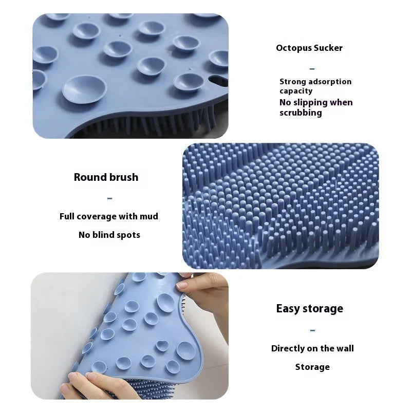 Blue silicone bath massage cushion mat for body scrubbing, shown on a bathroom surface.