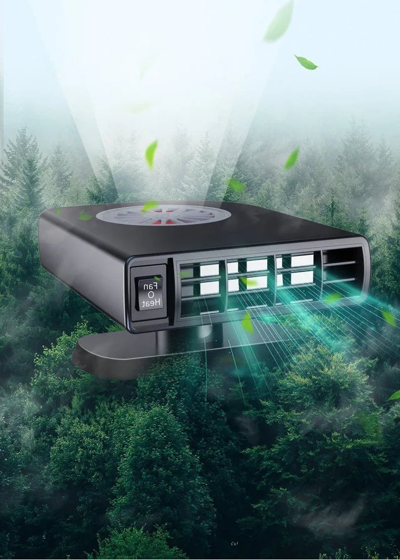 Black compact DC 12V car heater for defrosting and defogging with 360-degree rotation.