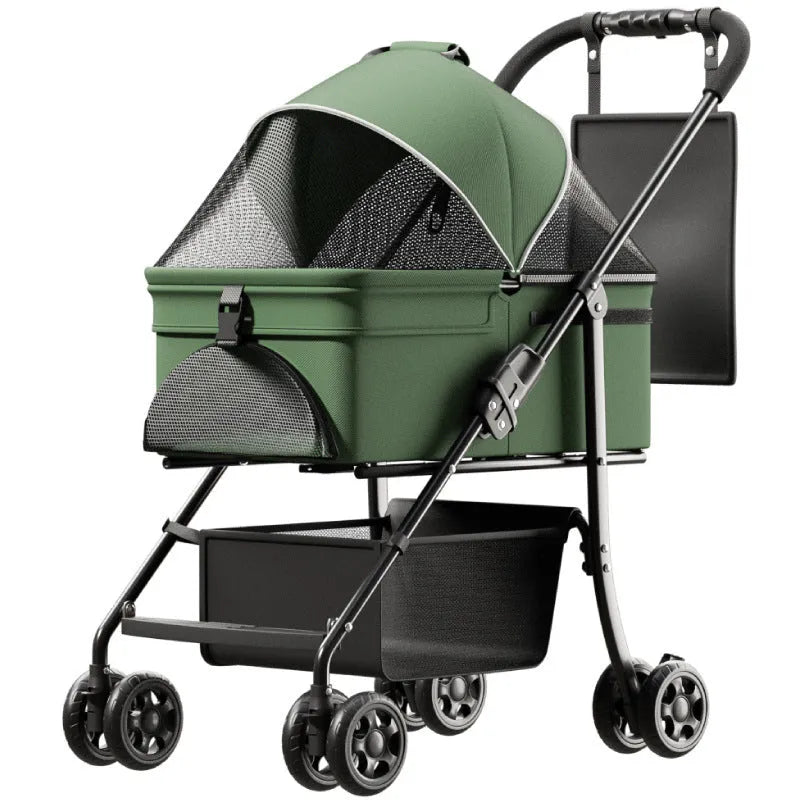 Black folding pet cart with one-click mechanism and large interior, shown detached for cleaning