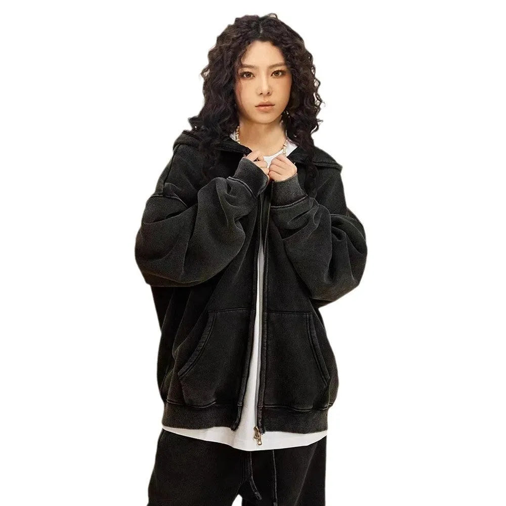 Men's washed cotton hooded cardigan sweater with fleece lining and a double zipper front.