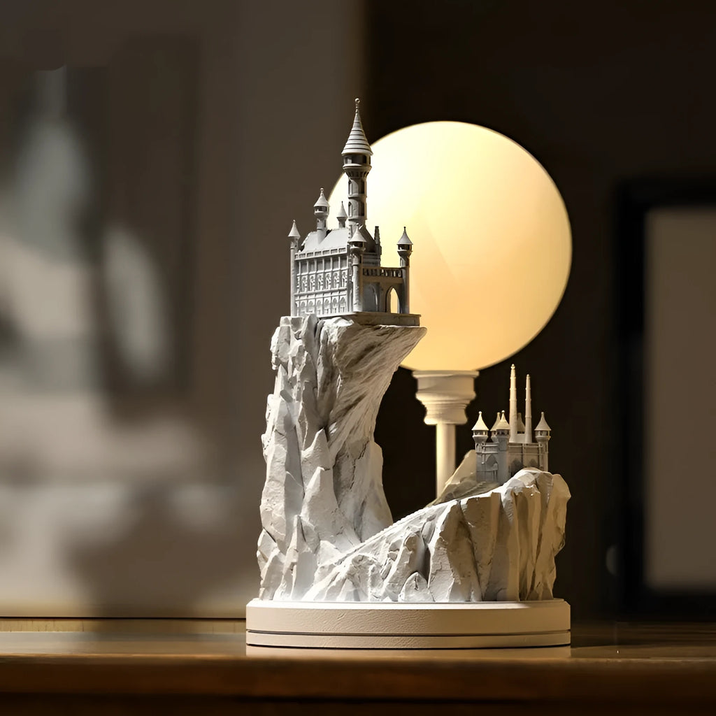White composite gypsum table lamp with wire control switch on bedside table