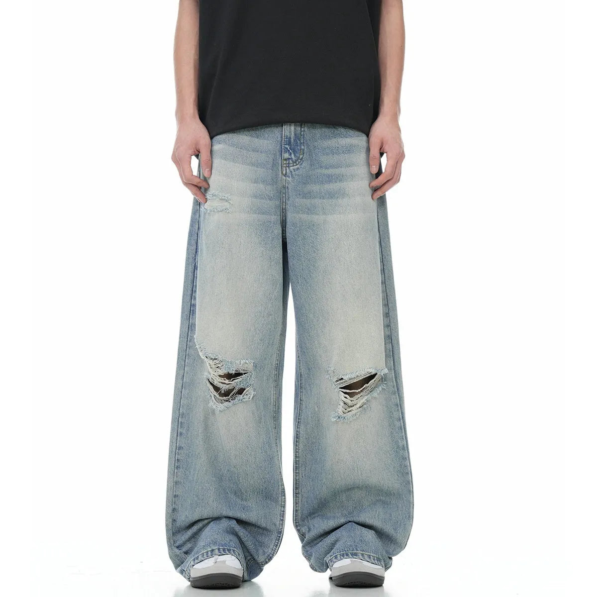 Blue retro straight-leg jeans with distressed detailing and adjustable waistband