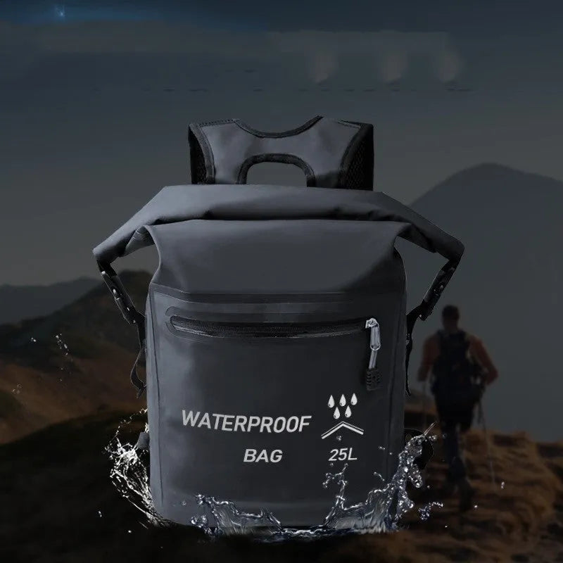 Black 25L outdoor waterproof backpack for swimming river tracing rafting
