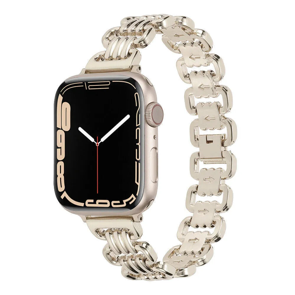 Alloy metal Apple Watch strap in silver, black, gold, rose gold, and Starlight colours on a watch case.
