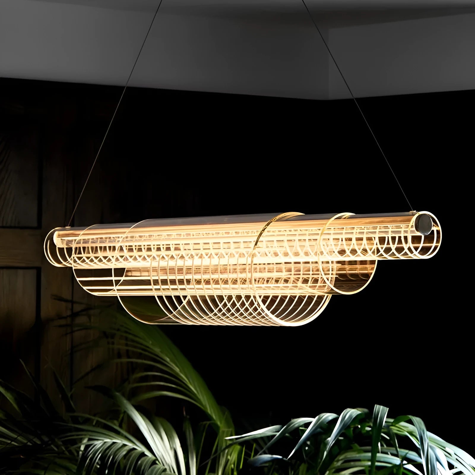 Iron and glass pendant lamp for restaurant or bar ceiling mounting