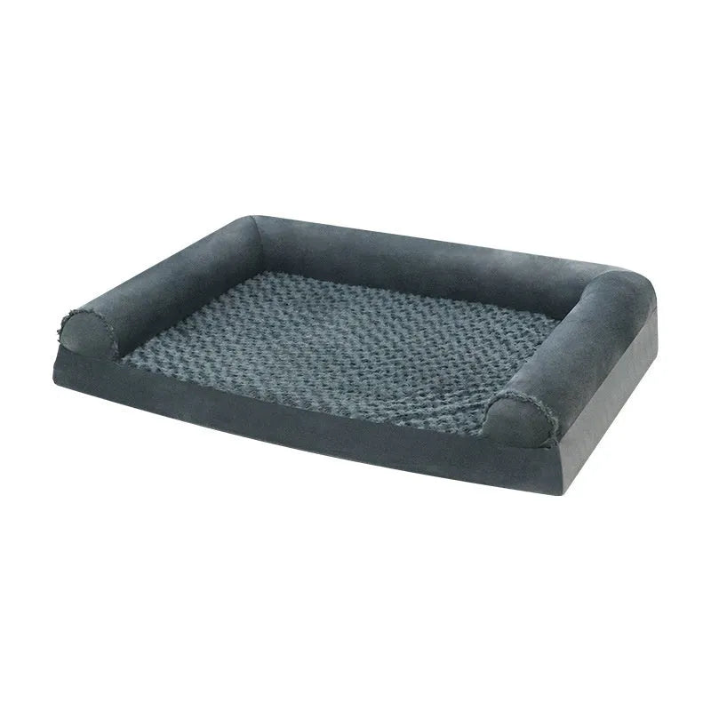 Grey cloth dog kennel with removable cushion for medium large breeds in indoor setting