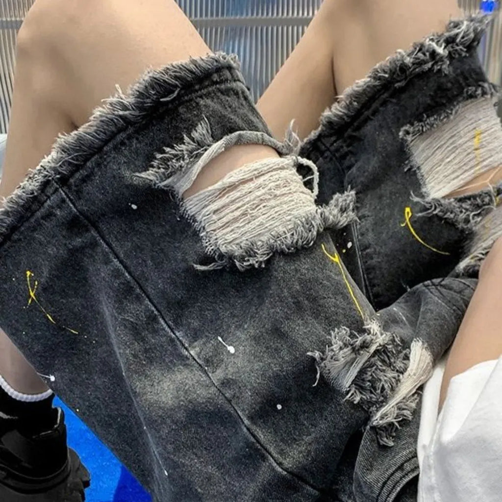 Men's water washed hole denim shorts in loose street style with cotton blend fabric