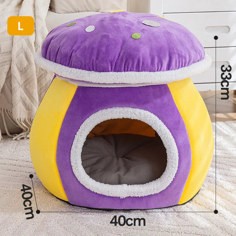 Mushroom-shaped plush cat bed in grey, pink, or purple colours with thermal construction