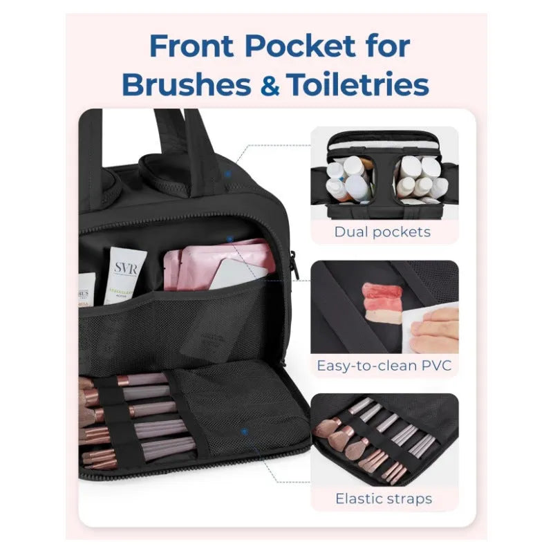 Large travel toiletry bag with wide opening showing interior organisation compartments