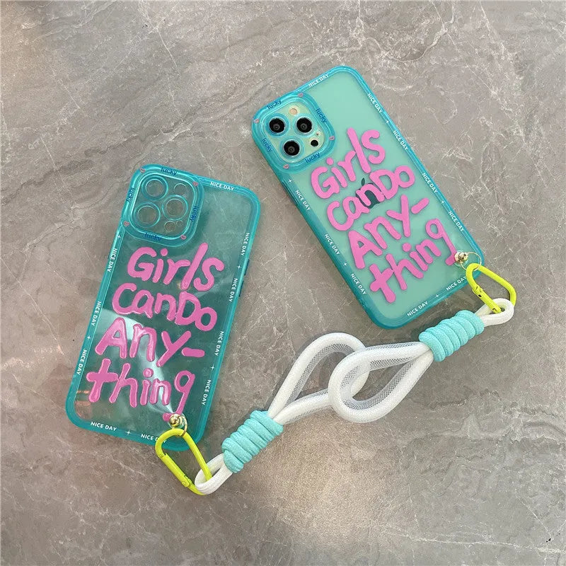 Mint green personalised graffiti lanyard phone case for Apple iPhone with printed design and attached strap.